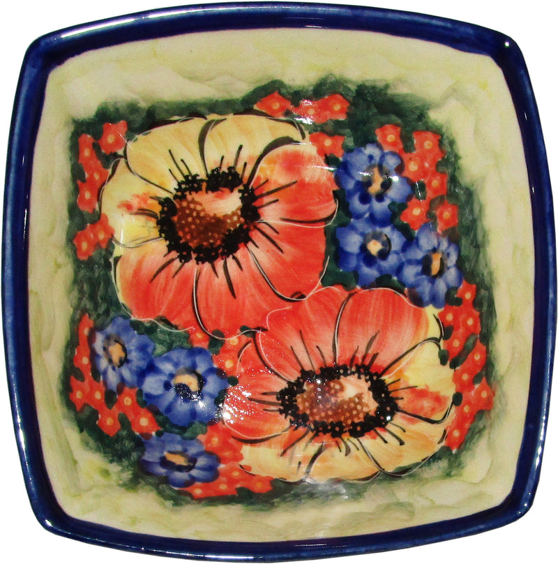 Boleslawiec Polish Pottery Unikat Serving or Ice Cream Square Bowl "Flower Field"