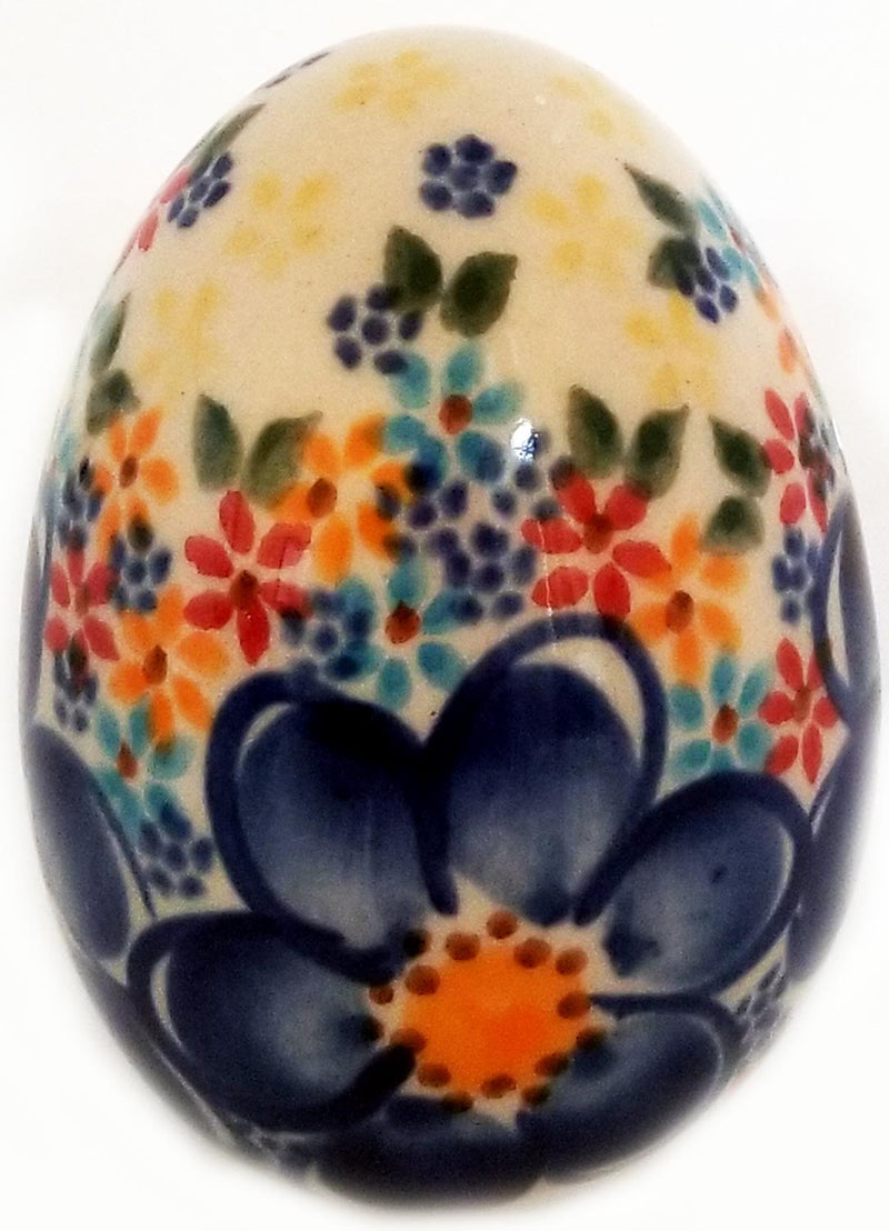 Boleslawiec Polish Pottery UNIKAT Easter Egg Decoration with Blue and yellow Flowers
